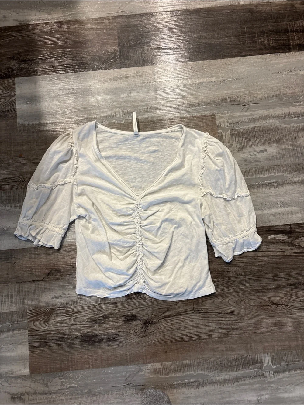 Anthropologie White Puff Sleeve Ruched V-Neck Ruffle Blouse Top XL
